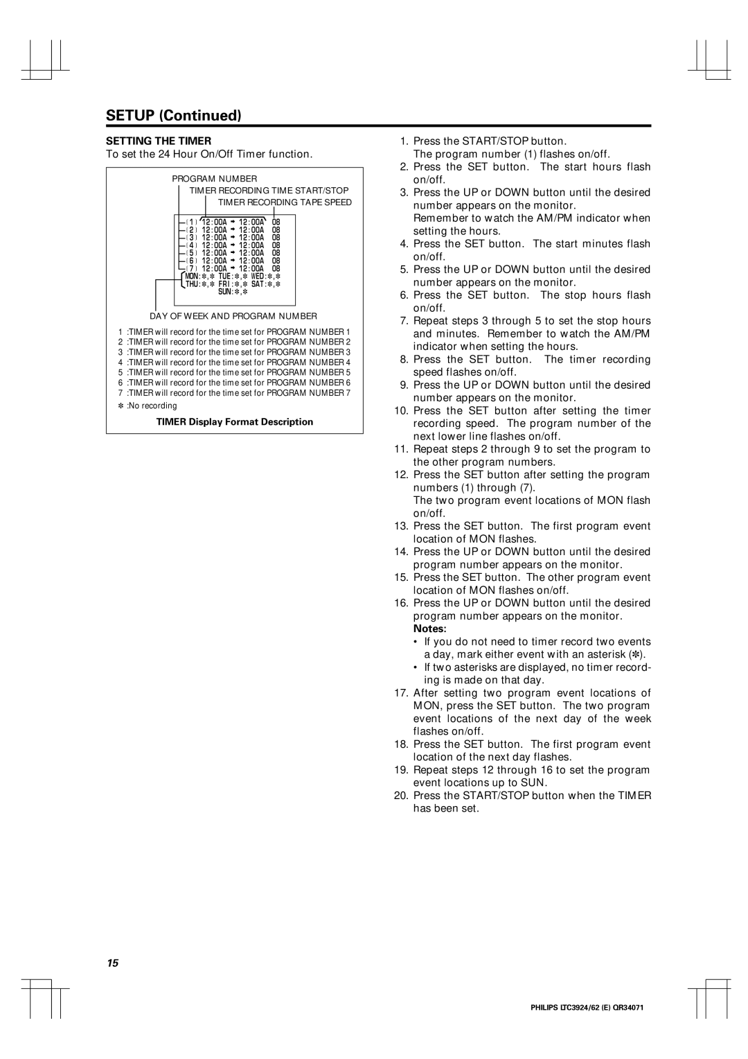 Philips LTC 3924, LTC 3962 manual To set the 24 Hour On/Off Timer function 