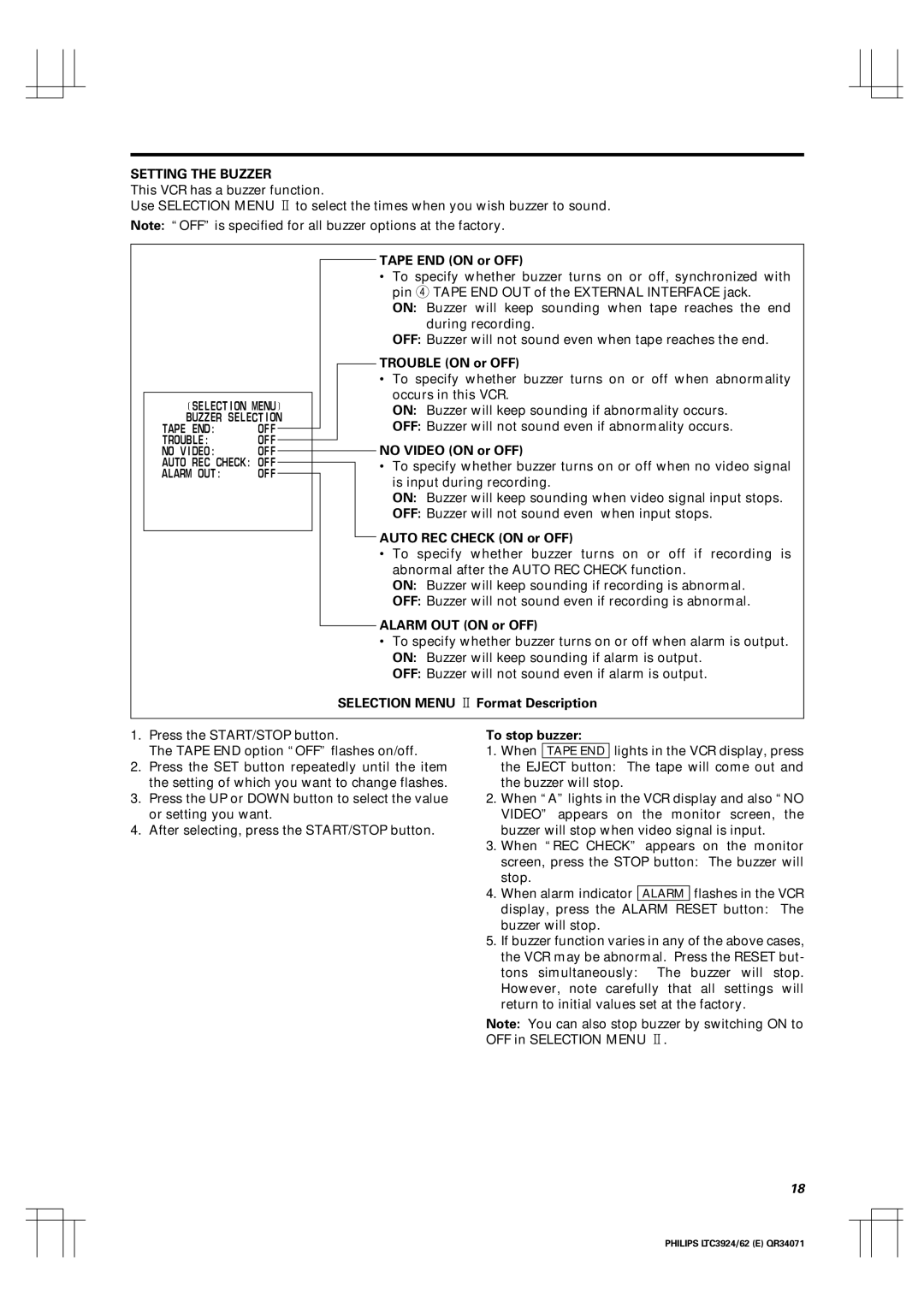 Philips LTC 3962 Tape END on or OFF, Trouble on or OFF, No Video on or OFF, Auto REC Check on or OFF, Alarm OUT on or OFF 