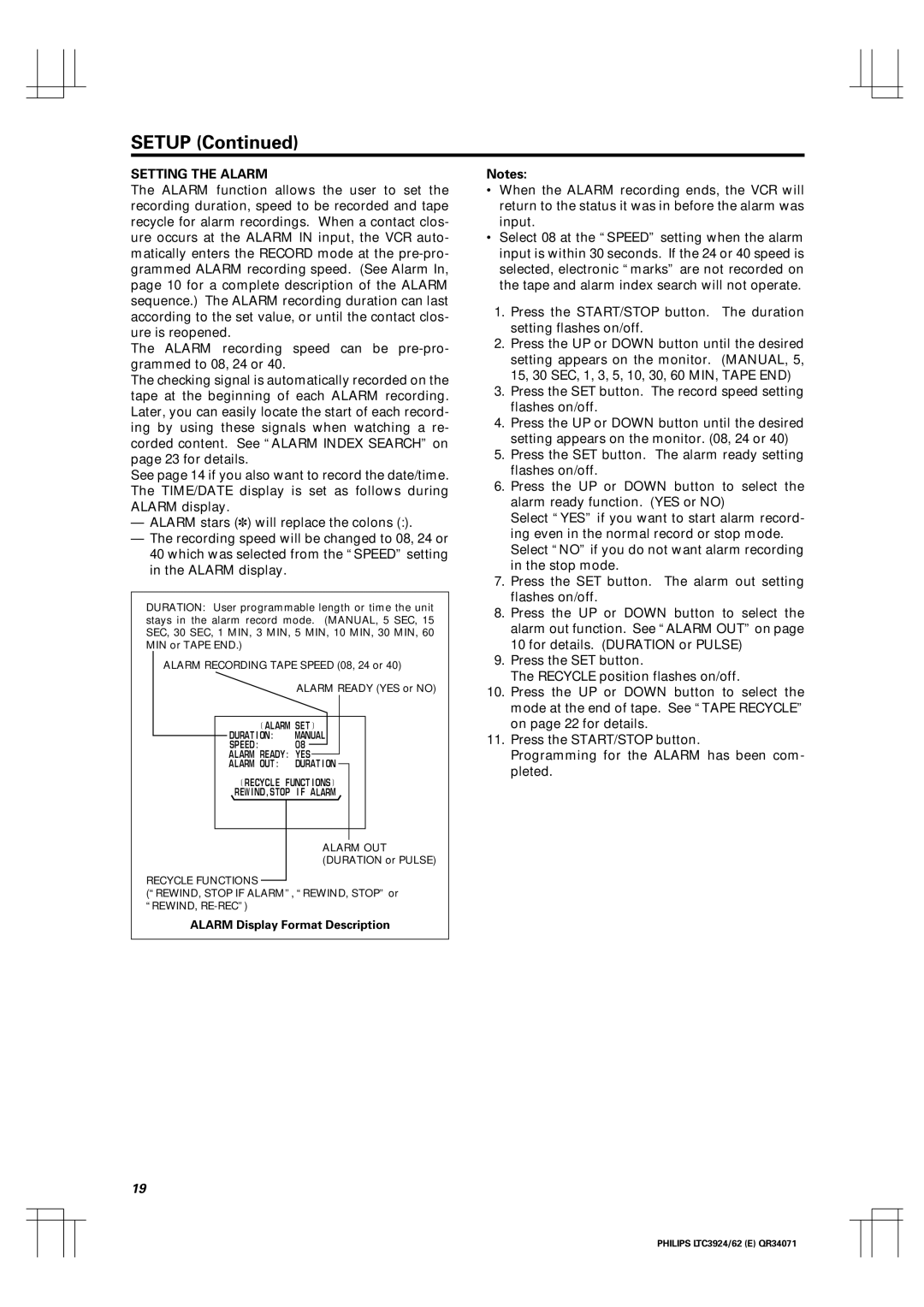 Philips LTC 3924, LTC 3962 manual Alarm Display Format Description 