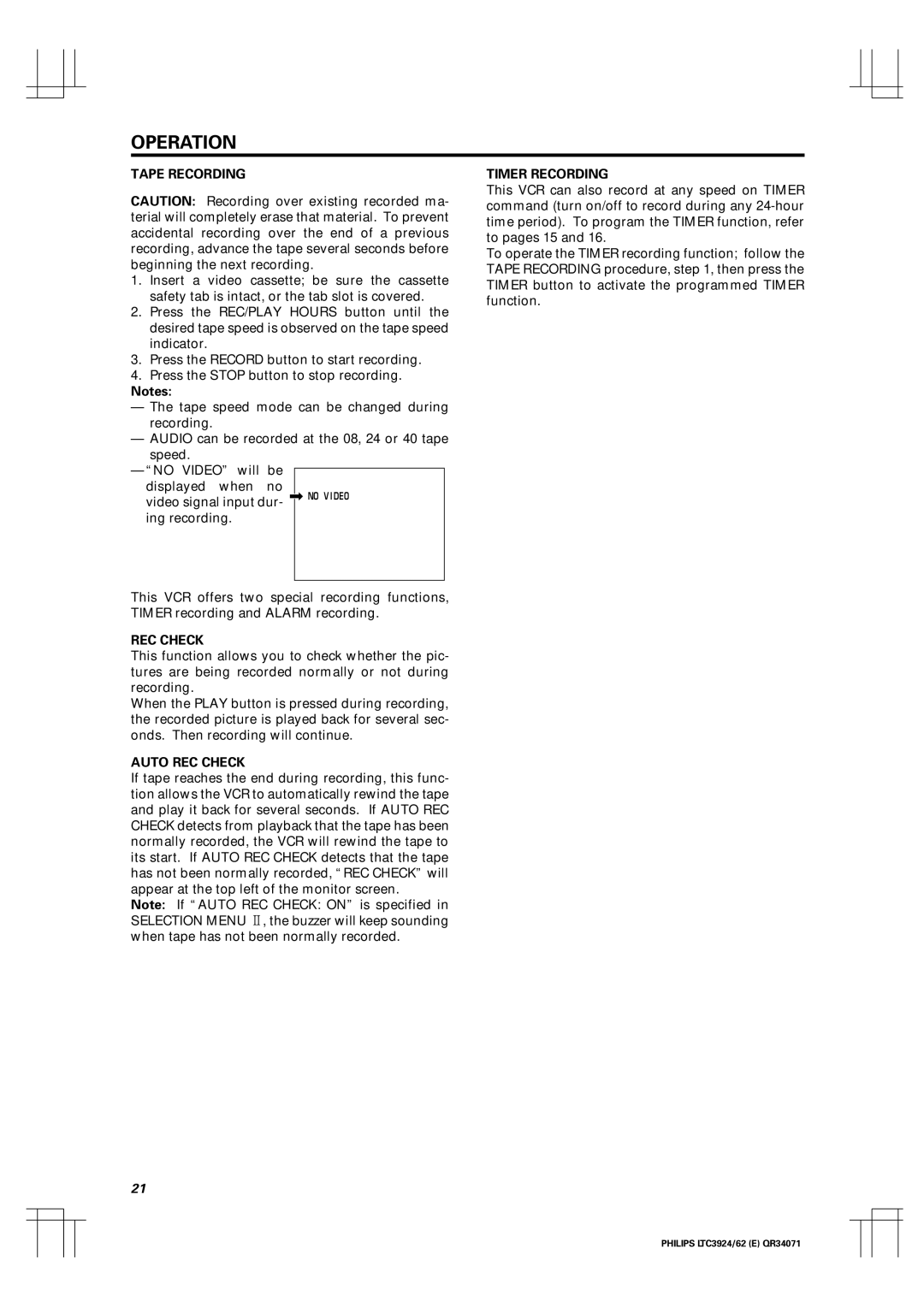 Philips LTC 3924, LTC 3962 manual Operation, Tape Recording 