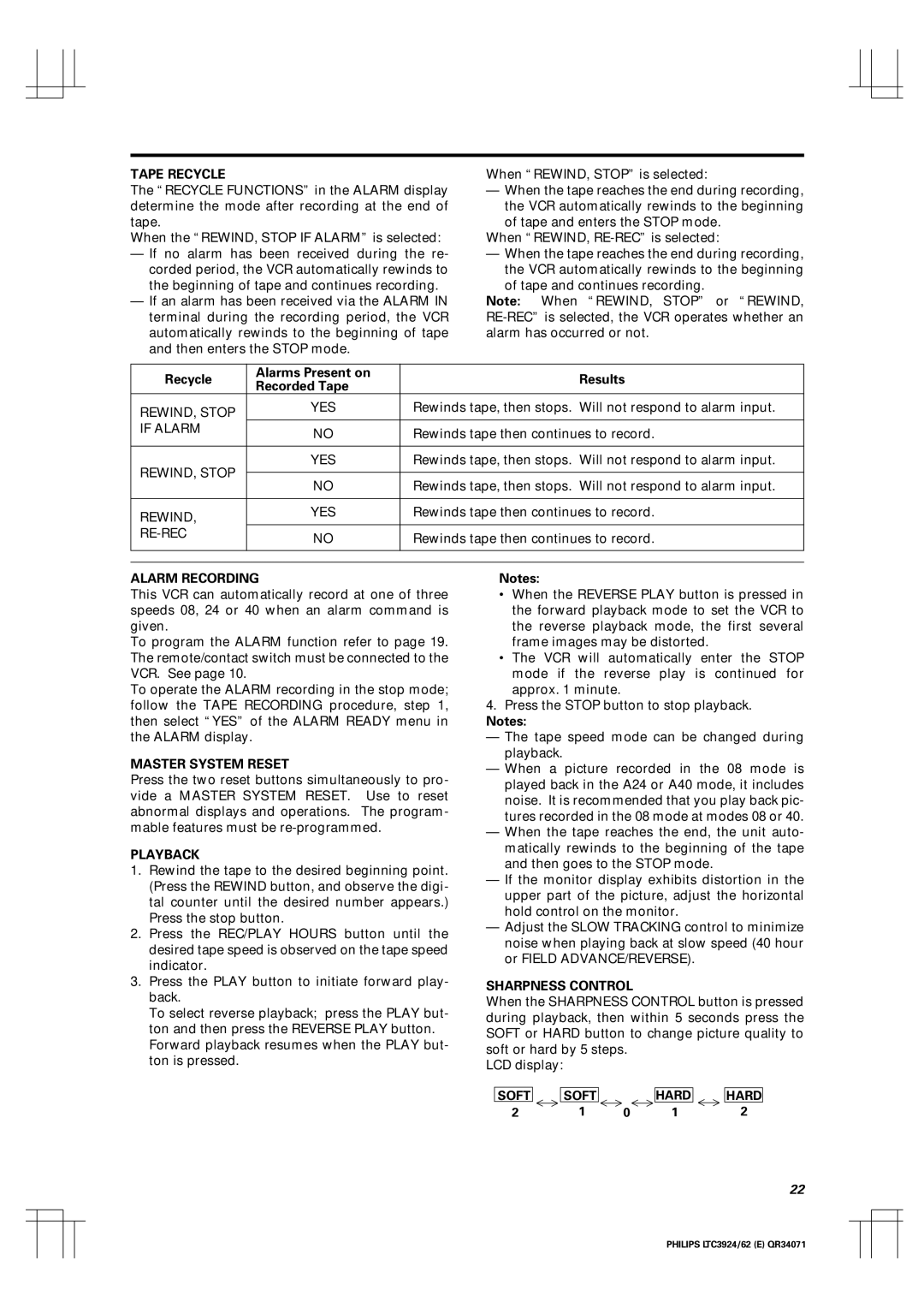 Philips LTC 3962, LTC 3924 manual Recycle Alarms Present on Results Recorded Tape, Soft Hard 