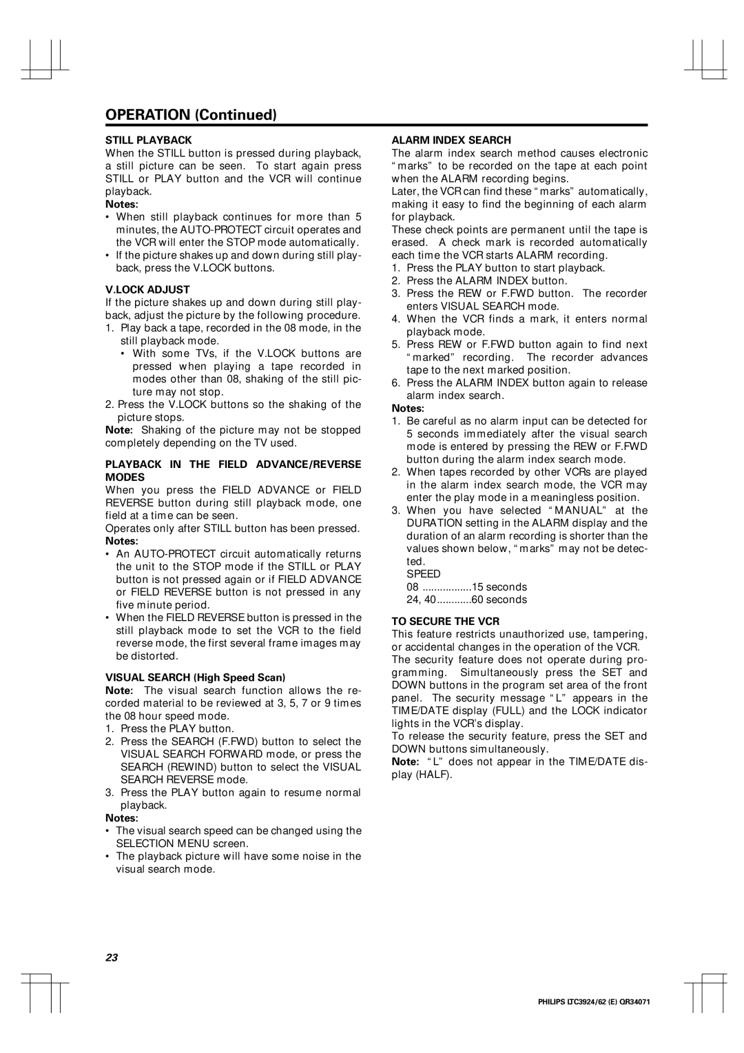 Philips LTC 3924, LTC 3962 manual Playback in the Field ADVANCE/REVERSE Modes, Alarm Index Search 