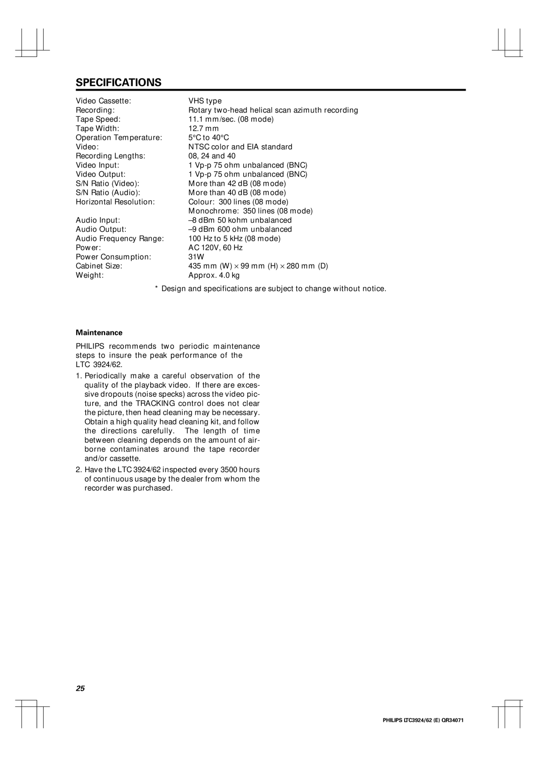 Philips LTC 3924, LTC 3962 manual Specifications, Maintenance 