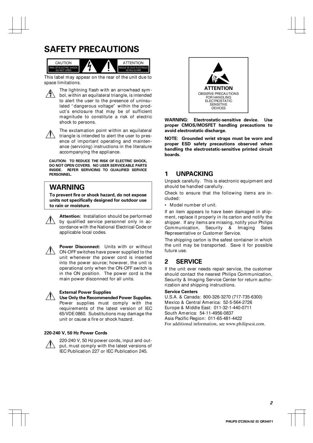 Philips LTC 3962, LTC 3924 manual Unpacking, Service Centers 