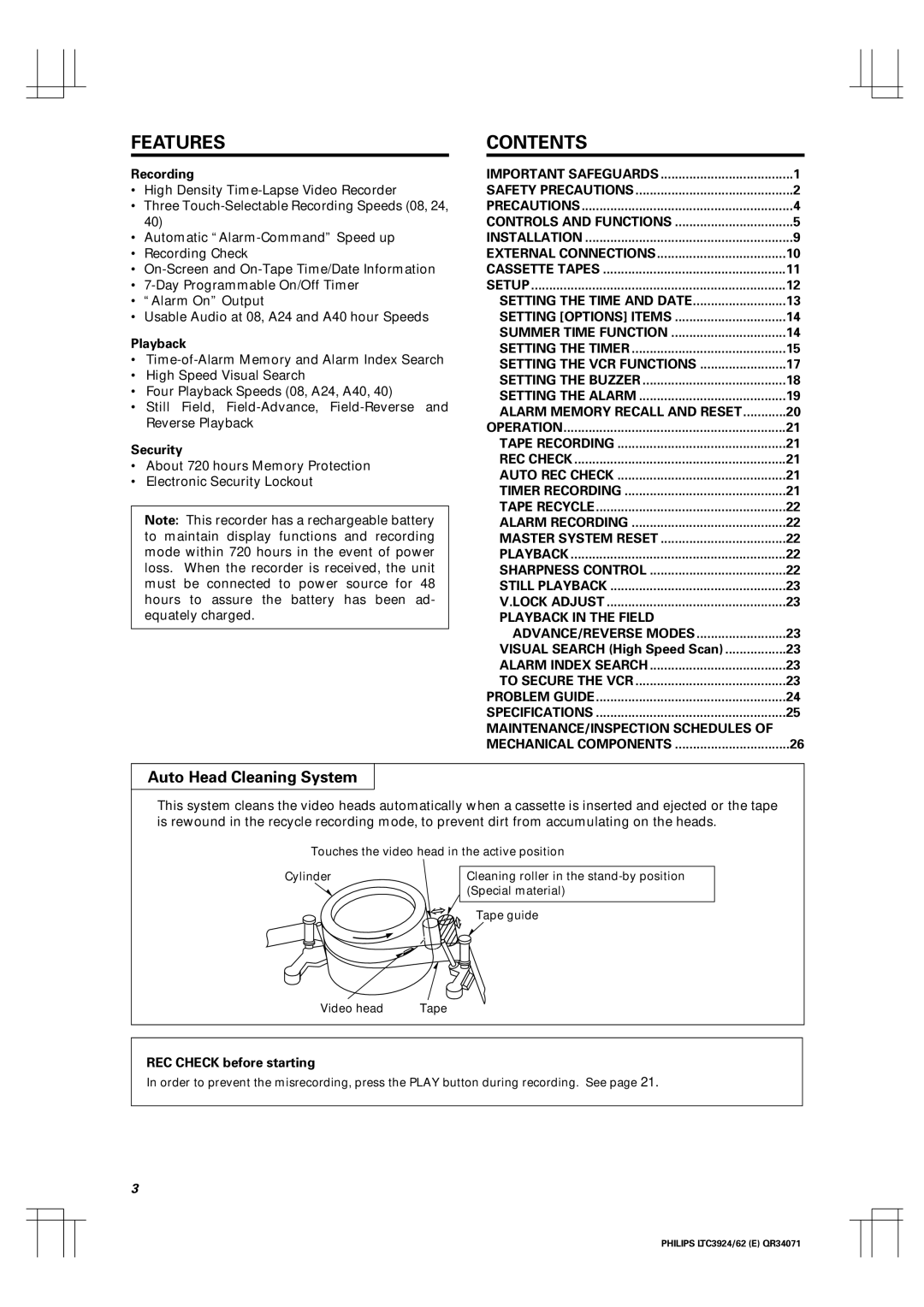 Philips LTC 3924, LTC 3962 manual Features, Contents 