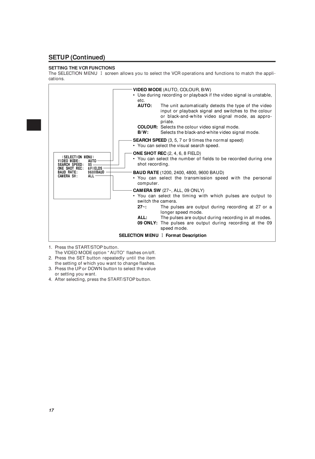 Philips LTC 3963/51 manual Video Mode AUTO, COLOUR, B/W, Selection Menu 1 Format Description 