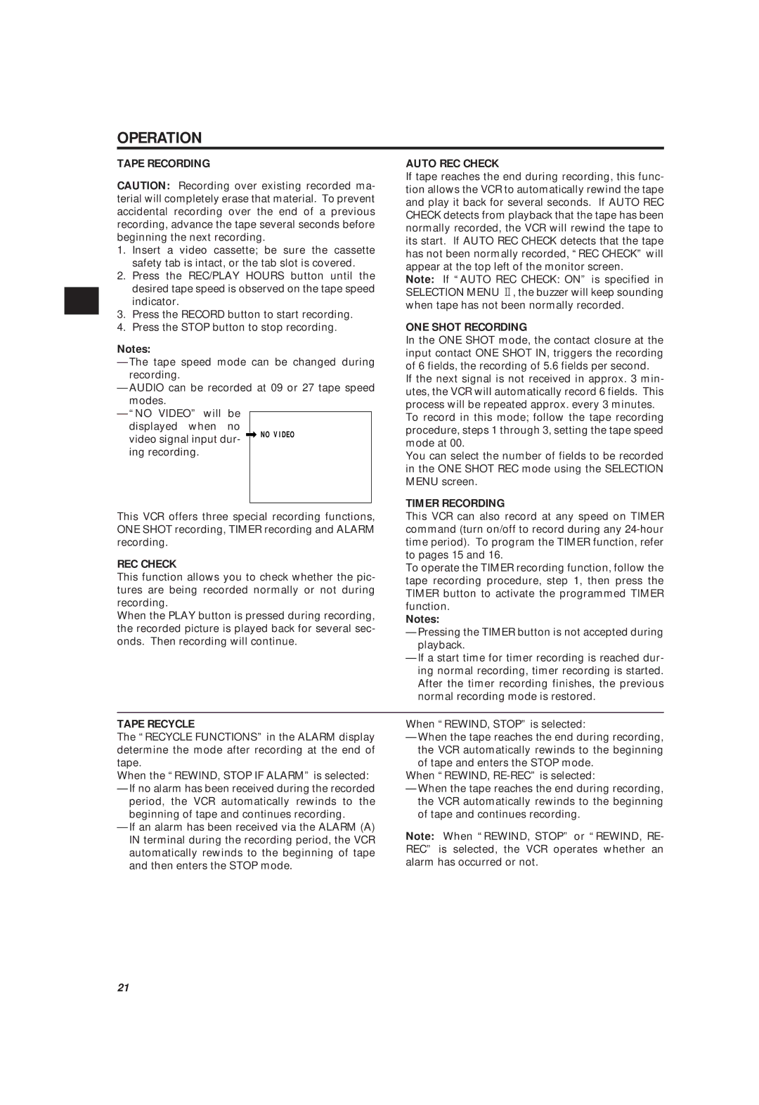 Philips LTC 3963/51 manual Operation, Tape Recording, Auto REC Check, ONE Shot Recording, Tape Recycle 