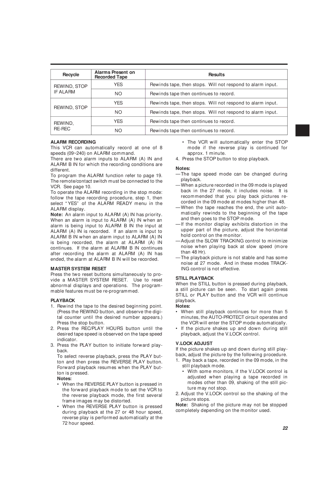 Philips LTC 3963/51 Recycle Alarms Present on Results Recorded Tape, Alarm Recording, Still Playback, Lock Adjust 