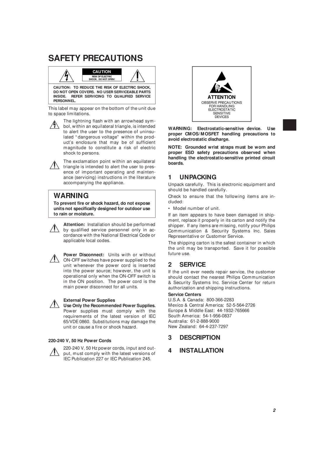 Philips LTC 3963/51 manual Unpacking, Description Installation, Service Centers 