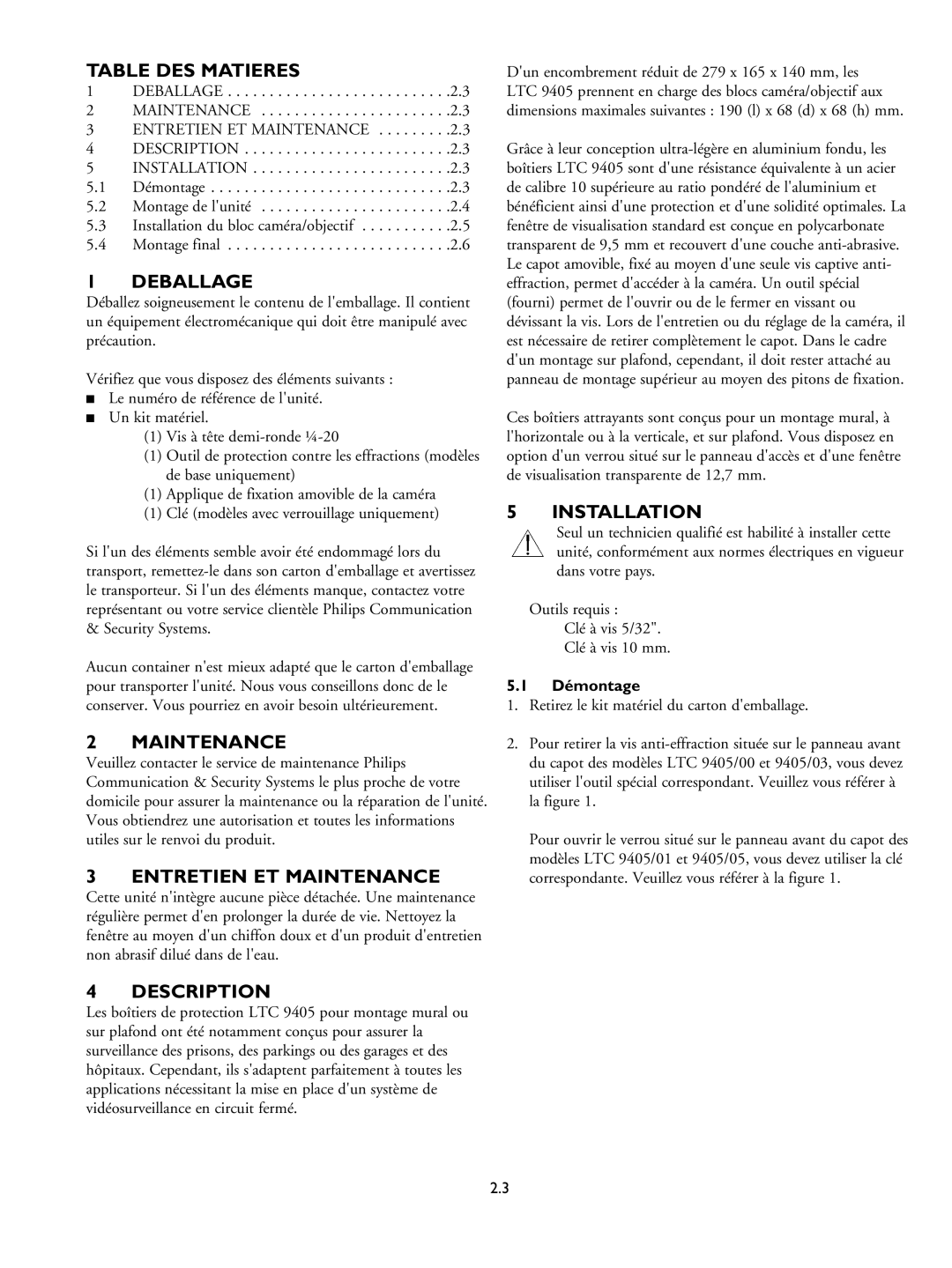 Philips LTC 9405 installation instructions Table DES Matieres, Deballage, Entretien ET Maintenance, Démontage 