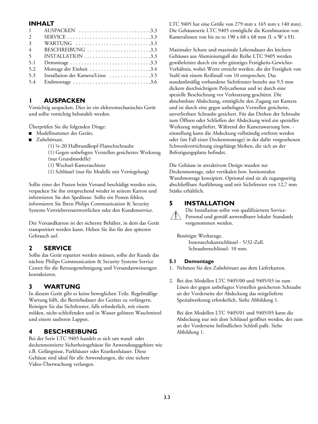 Philips LTC 9405 installation instructions Inhalt, Auspacken, Wartung, Beschreibung, Demontage 