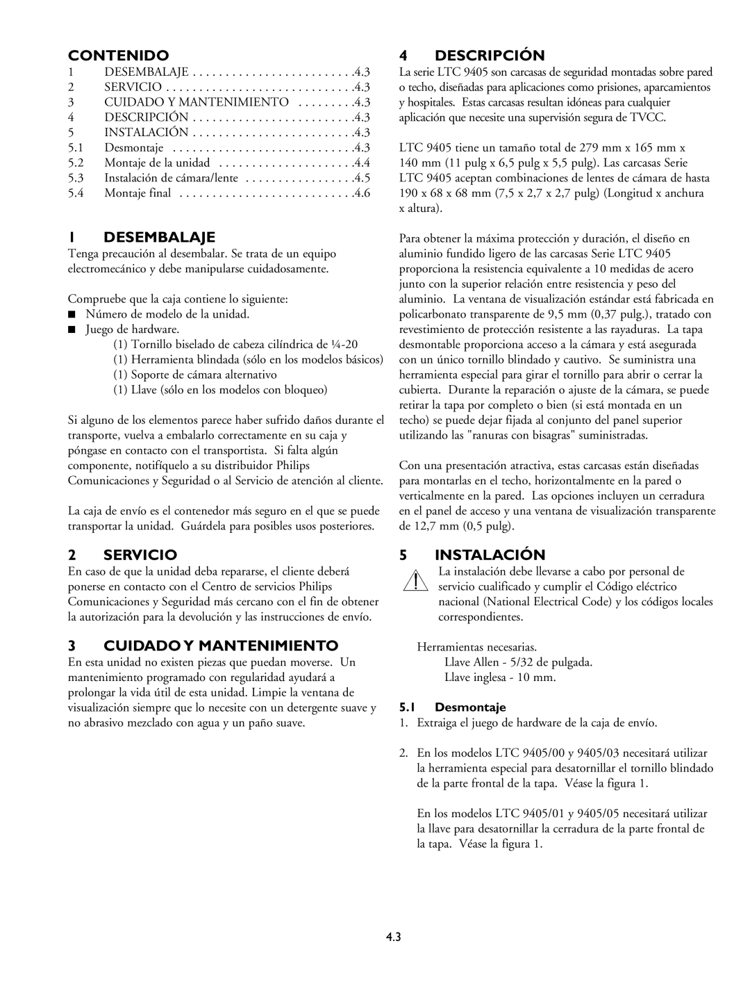 Philips LTC 9405 installation instructions Contenido, Desembalaje, Descripción, Servicio, Instalación 