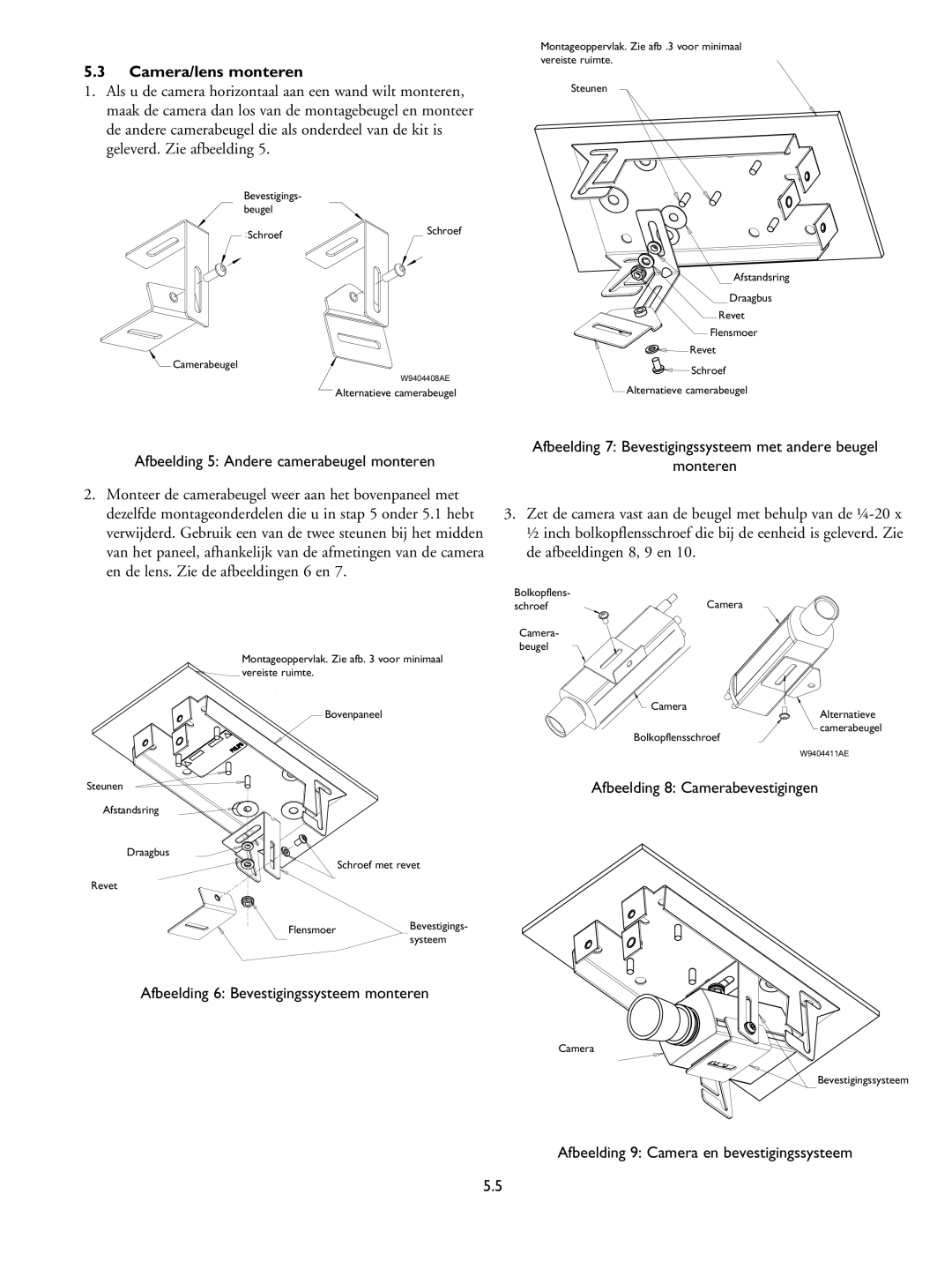 Philips LTC 9405 installation instructions Camera/lens monteren, Afbeelding 5 Andere camerabeugel monteren 