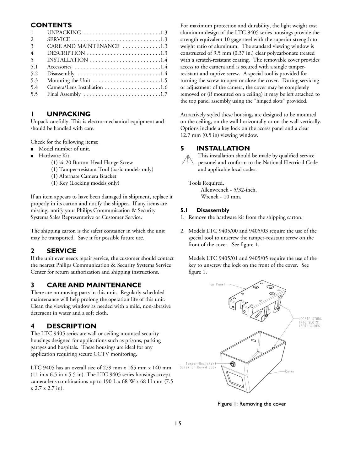 Philips LTC 9405 installation instructions Contents, Unpacking, Service, Installation, Care and Maintenance, Description 