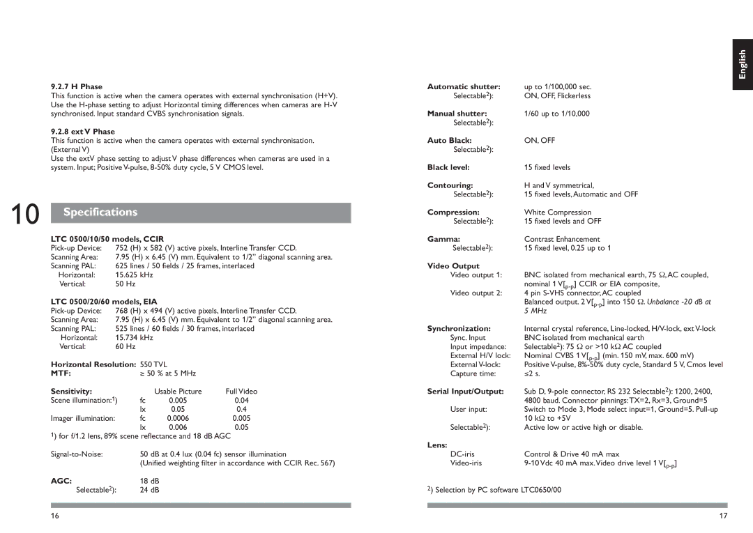 Philips LTC0500 installation manual Specifications, Mtf, Agc 