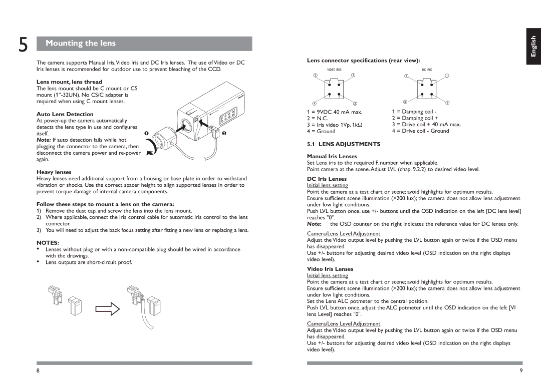 Philips LTC0500 installation manual Mounting the lens, Lens Adjustments 