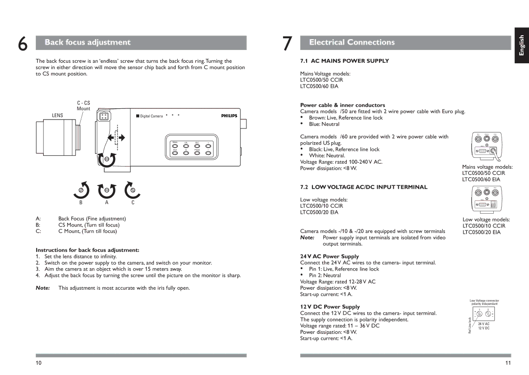 Philips LTC0500 Back focus adjustment, Electrical Connections, AC Mains Power Supply, LOW Voltage AC/DC Input Terminal 