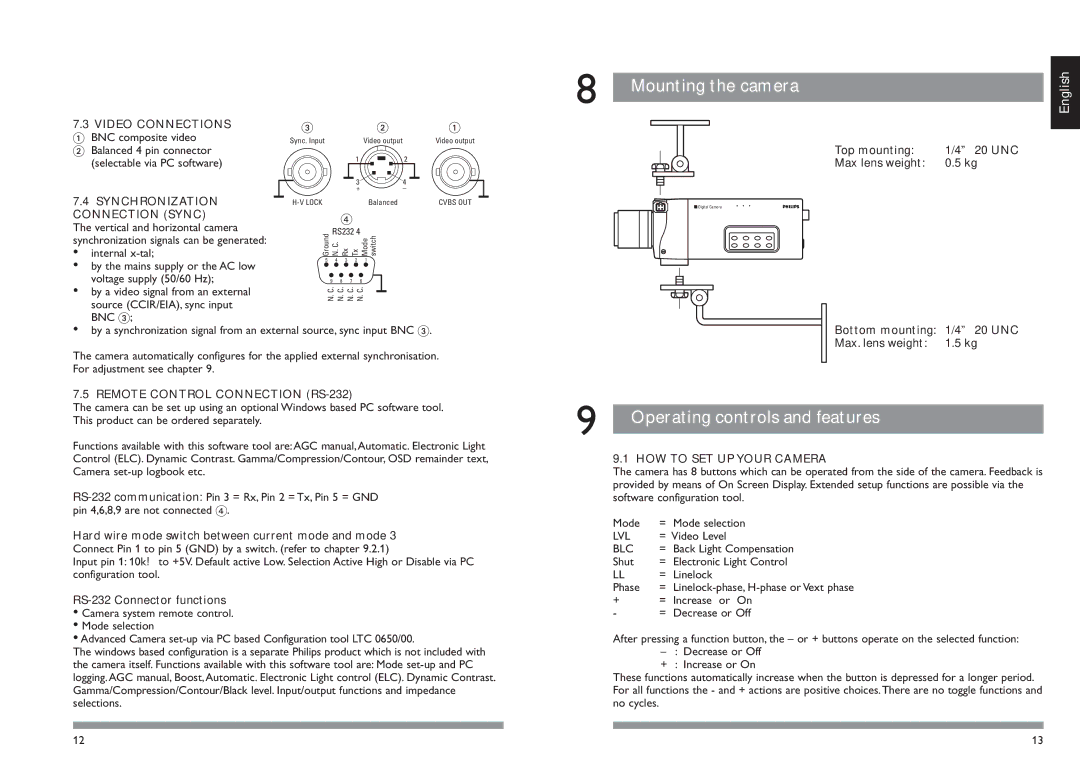 Philips LTC0500 installation manual Mounting the camera, Operating controls and features 