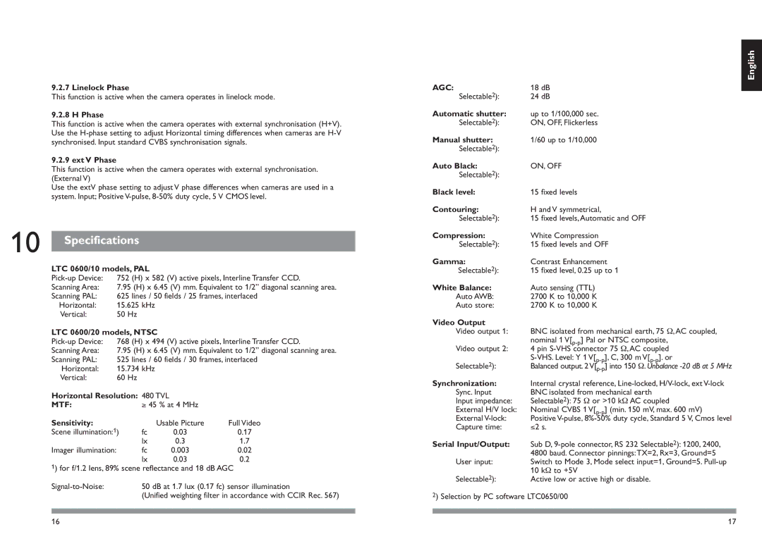 Philips LTC0600 installation manual Specifications, Mtf, Agc 