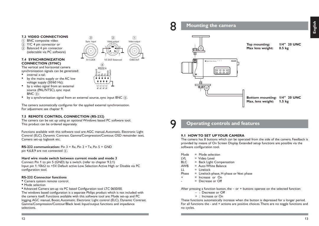 Philips LTC0600 installation manual Mounting the camera, Operating controls and features 