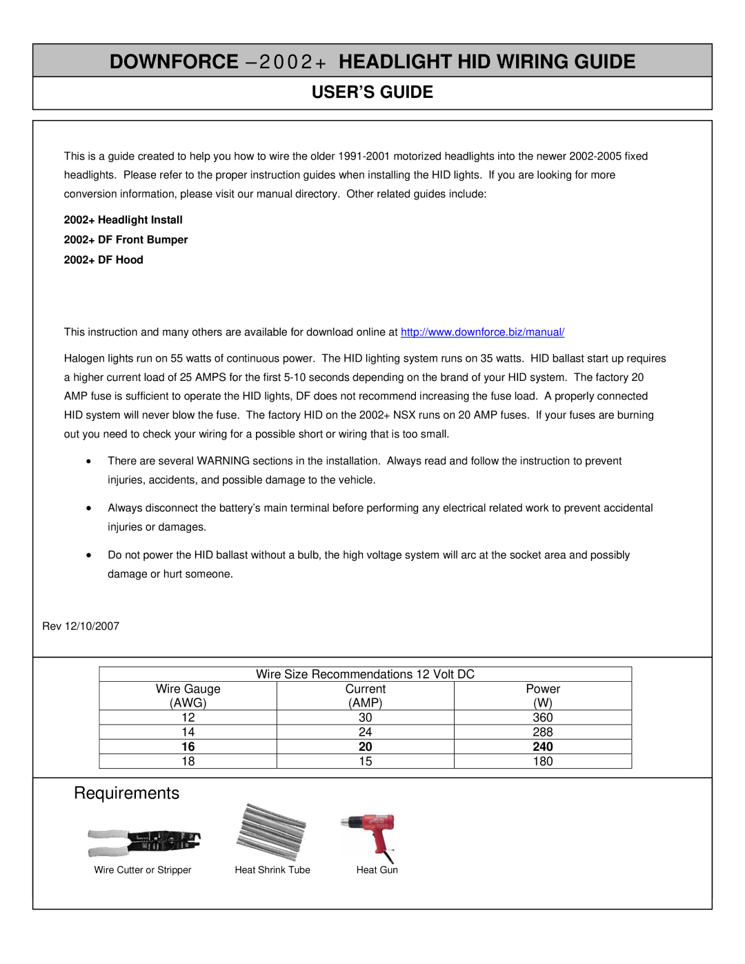 Philips LVQ-212 manual Downforce -2002+HEADLIGHT HID Wiring Guide, USER’S Guide, Requirements 