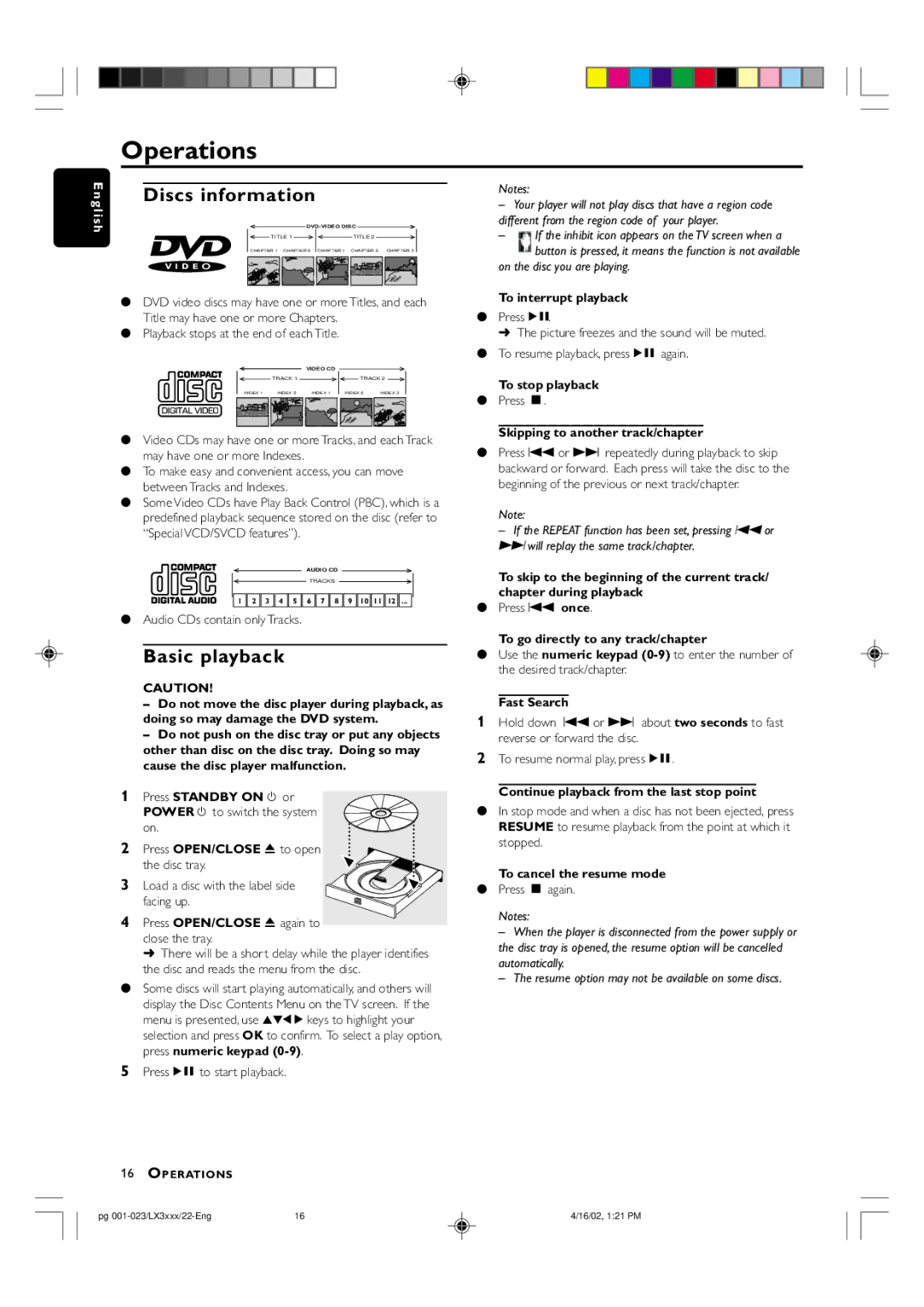 Philips LX-3000D manual Operations, Discs information, Basic playback 