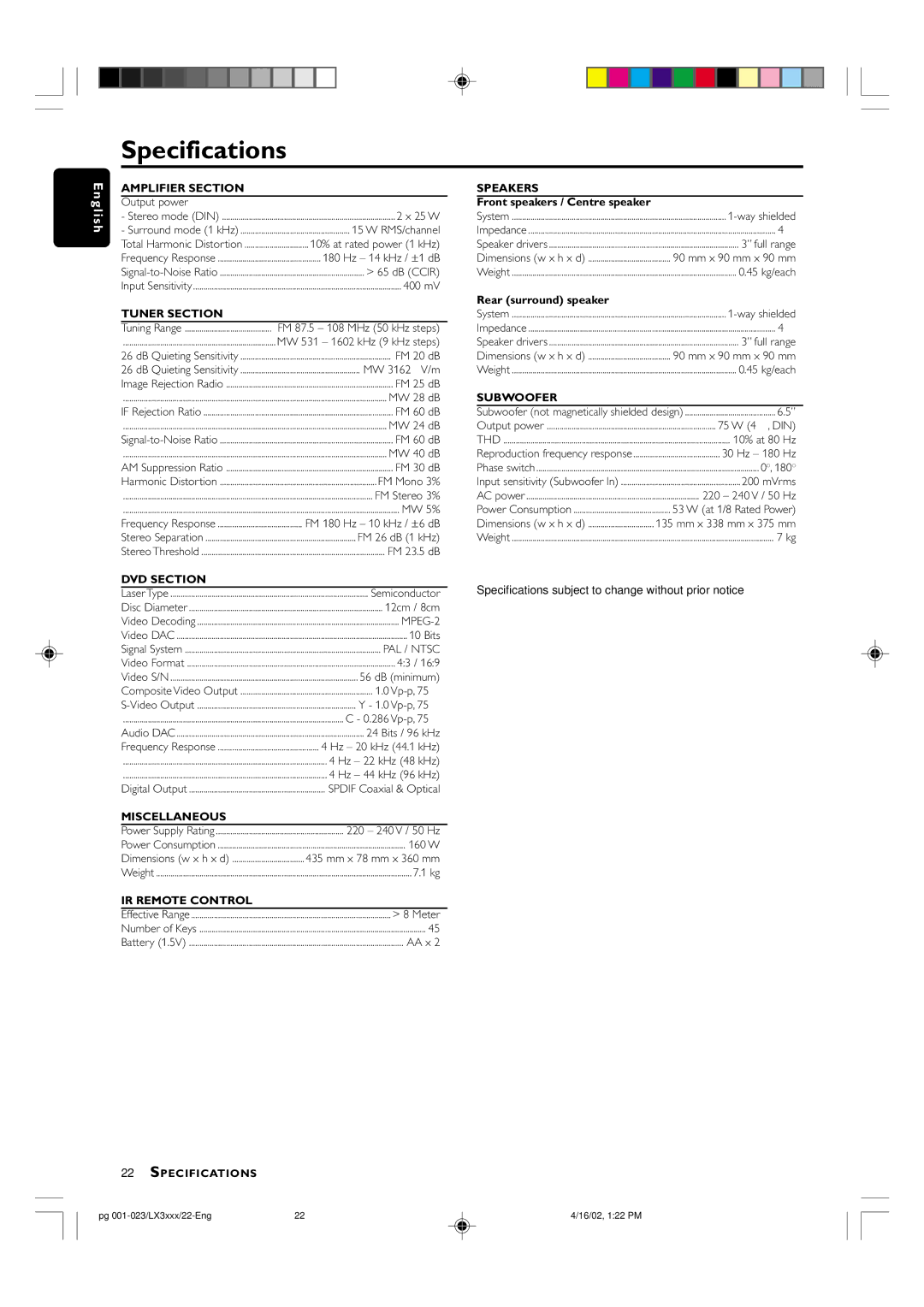 Philips LX-3000D manual Specifications, Amplifier Section 