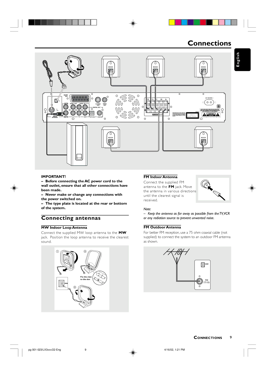 Philips LX-3000D manual Connections, Connecting antennas, MW Indoor Loop Antenna, FM Indoor Antenna, FM Outdoor Antenna 