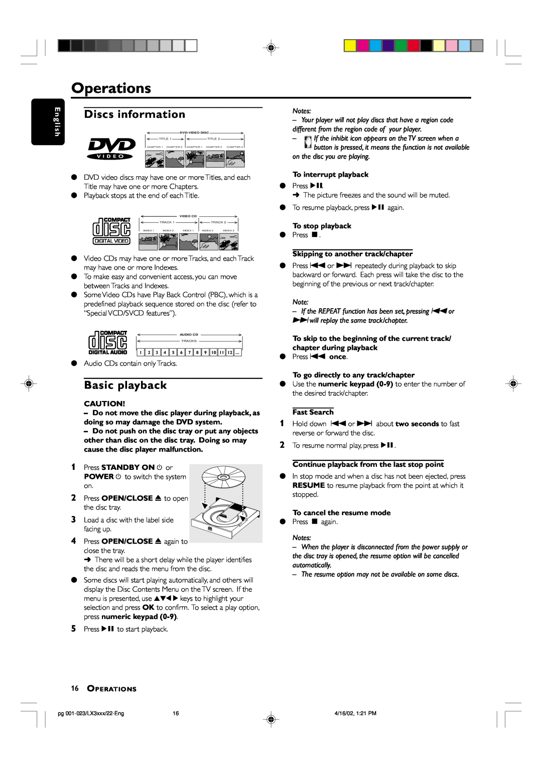 Philips LX-3000D Operations, Discs information, Basic playback, E n g l i s h, To interrupt playback, To stop playback 