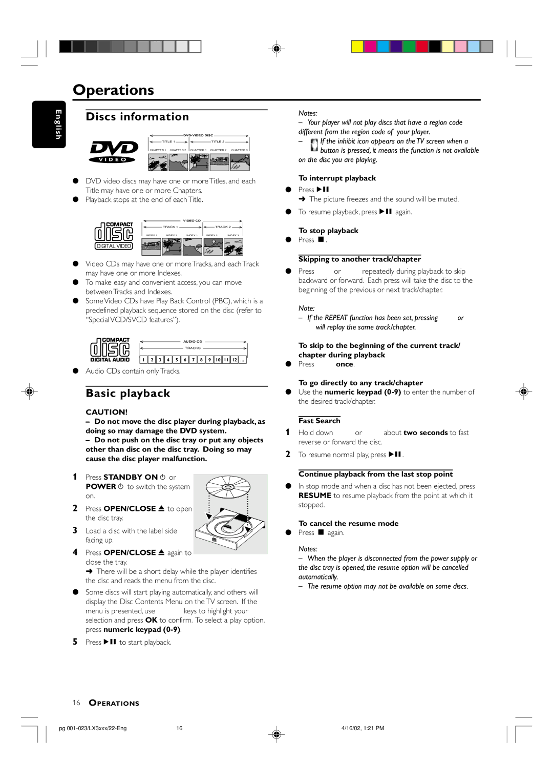 Philips LX-3000D/25S manual Operations, Discs information, Basic playback 