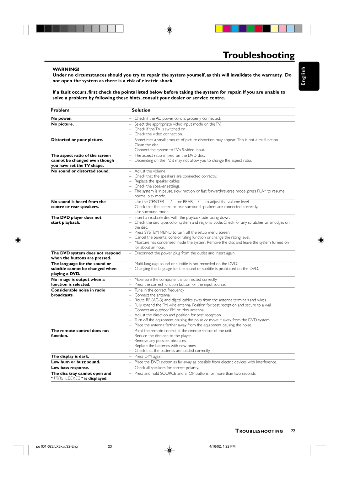 Philips LX-3000D/25S manual Troubleshooting, No picture 