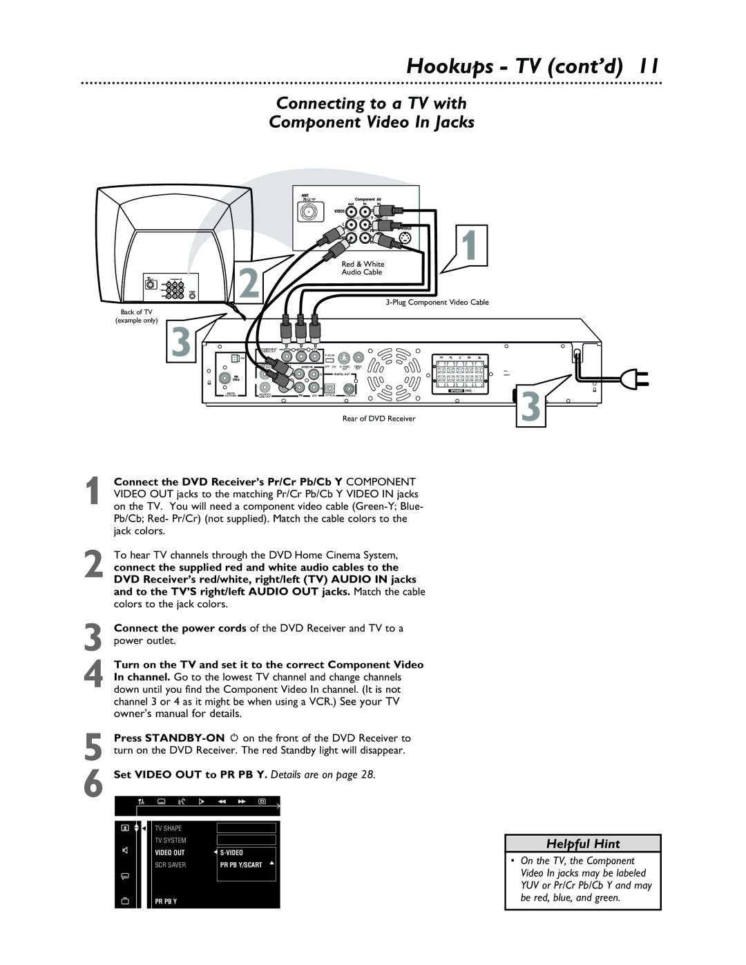 Philips LX3000 warranty Hookups TV cont’d, Connect the DVD Receiver’s Pr/Cr Pb/Cb Y Component 