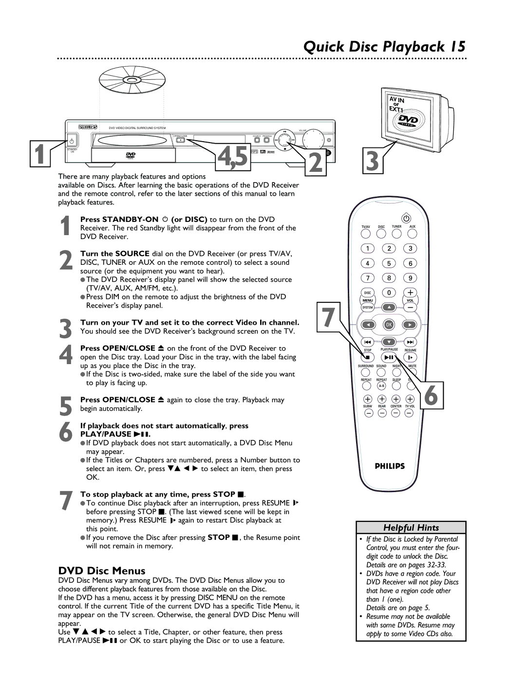 Philips LX3000 warranty Quick Disc Playback, DVD Disc Menus, Press STANDBY-ON y or Disc to turn on the DVD 