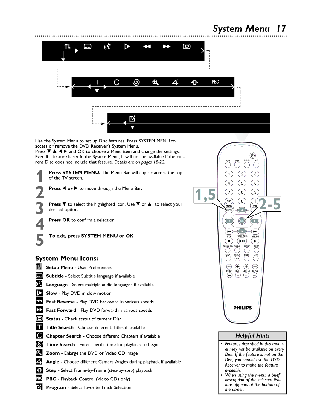 Philips LX3000 warranty System Menu Icons, To exit, press System Menu or OK 