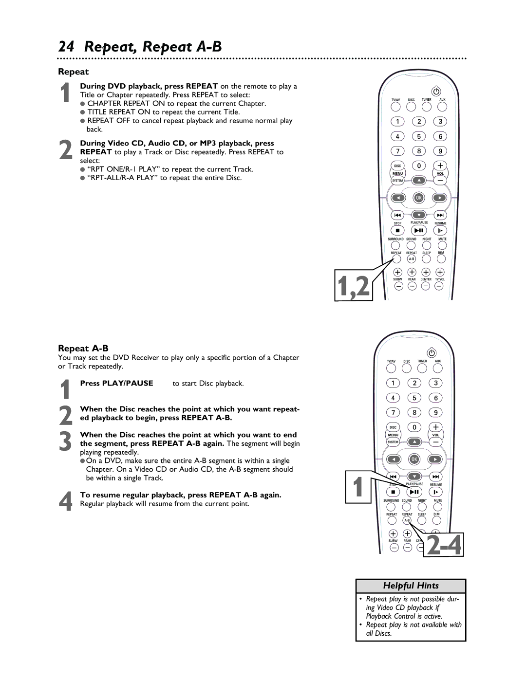 Philips LX3000 warranty Repeat, Repeat A-B, During DVD playback, press Repeat on the remote to play a 