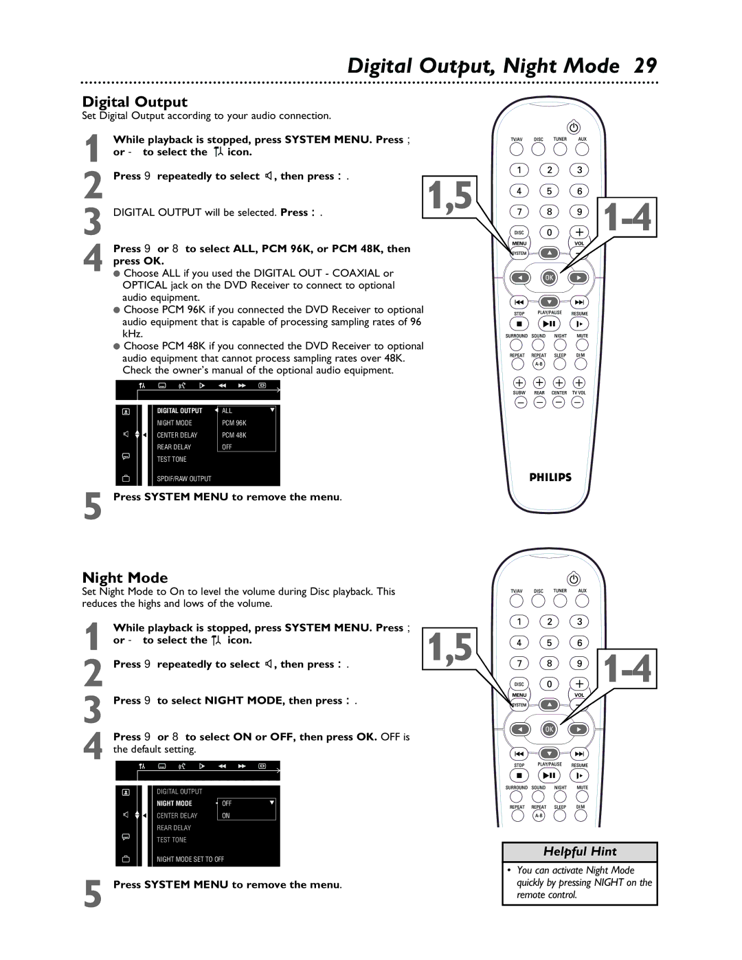 Philips LX3000 warranty Digital Output, Night Mode, Press 9 repeatedly to select z, then press 