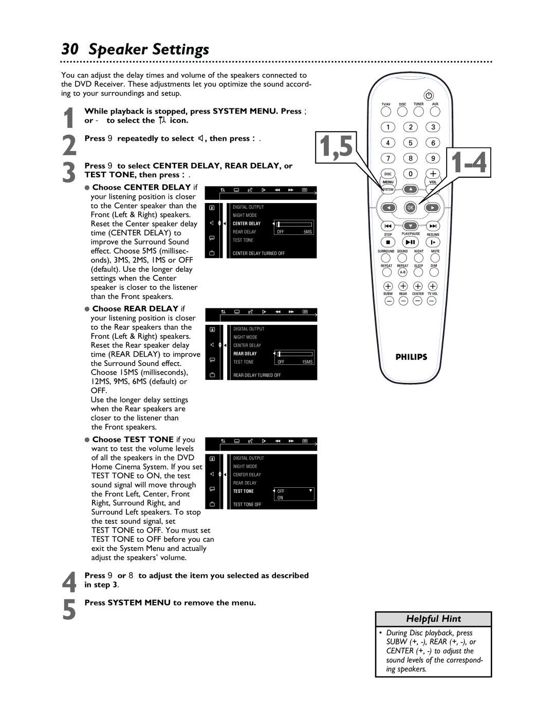 Philips LX3000 warranty Speaker Settings, Choose Rear Delay if, Choose Test Tone if you 