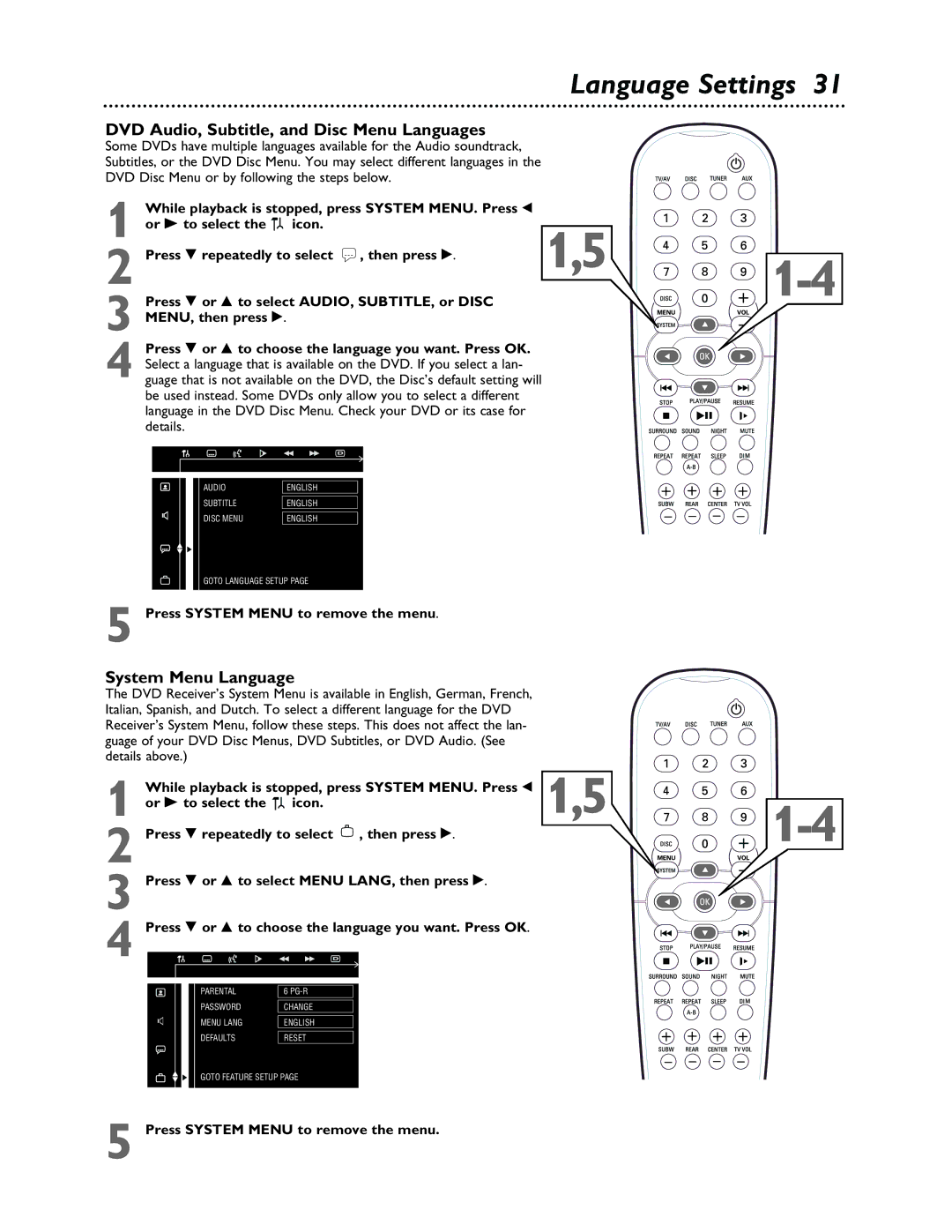 Philips LX3000 warranty Language Settings, DVD Audio, Subtitle, and Disc Menu Languages 