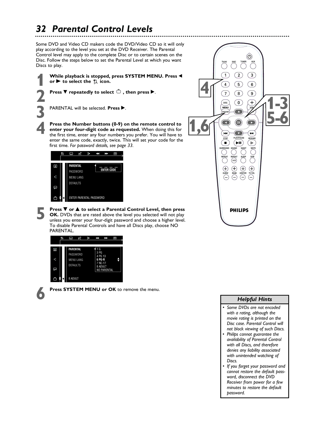 Philips LX3000 warranty Parental Control Levels, Parental will be selected. Press 