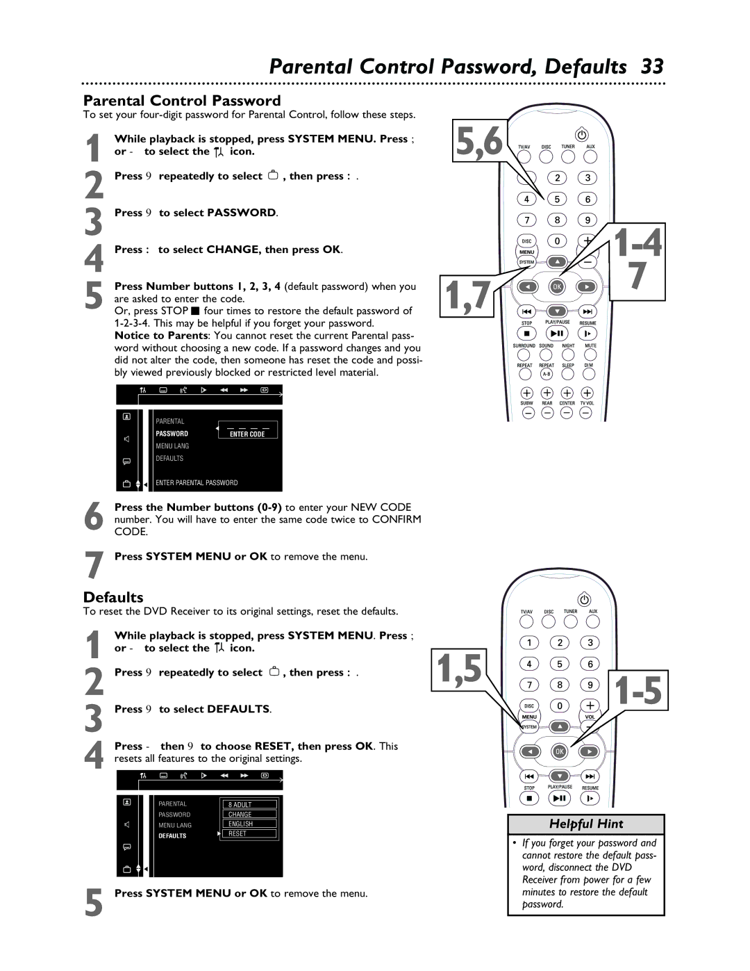 Philips LX3000 warranty Parental Control Password, Defaults, Are asked to enter the code 