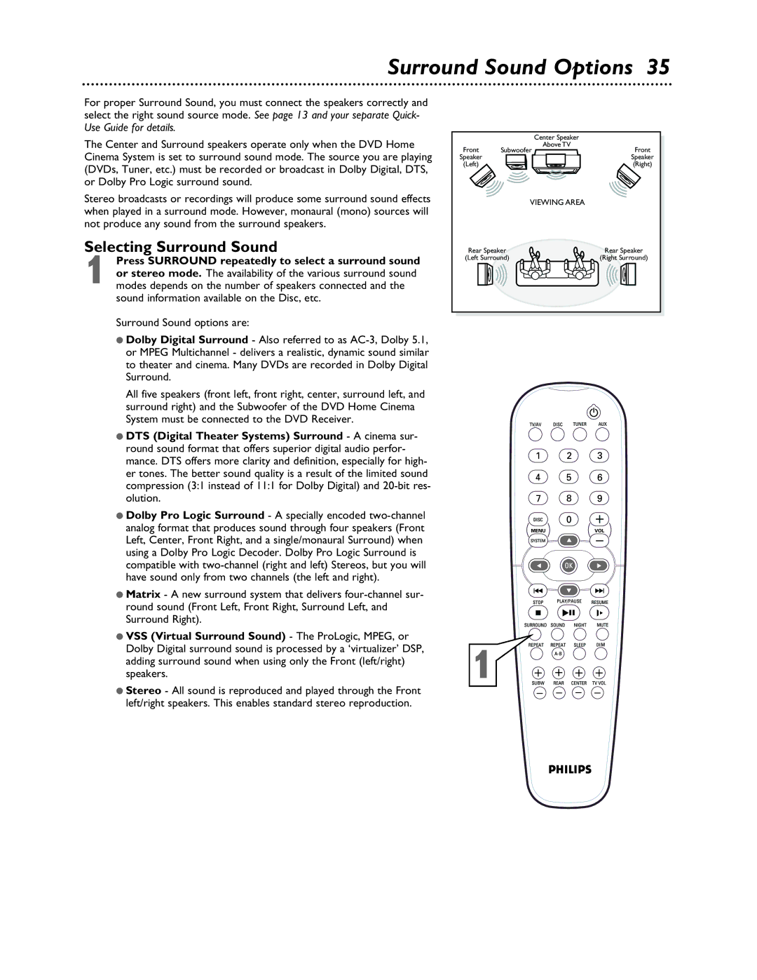 Philips LX3000 Surround Sound Options, Selecting Surround Sound, Press Surround repeatedly to select a surround sound 