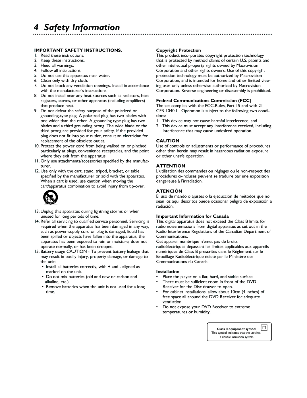 Philips LX3000 warranty Safety Information, Copyright Protection, Federal Communications Commission FCC, Installation 