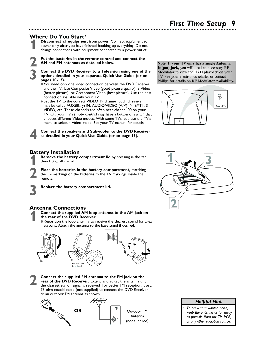 Philips LX3000 warranty First Time Setup, Where Do You Start?, Antenna Connections 