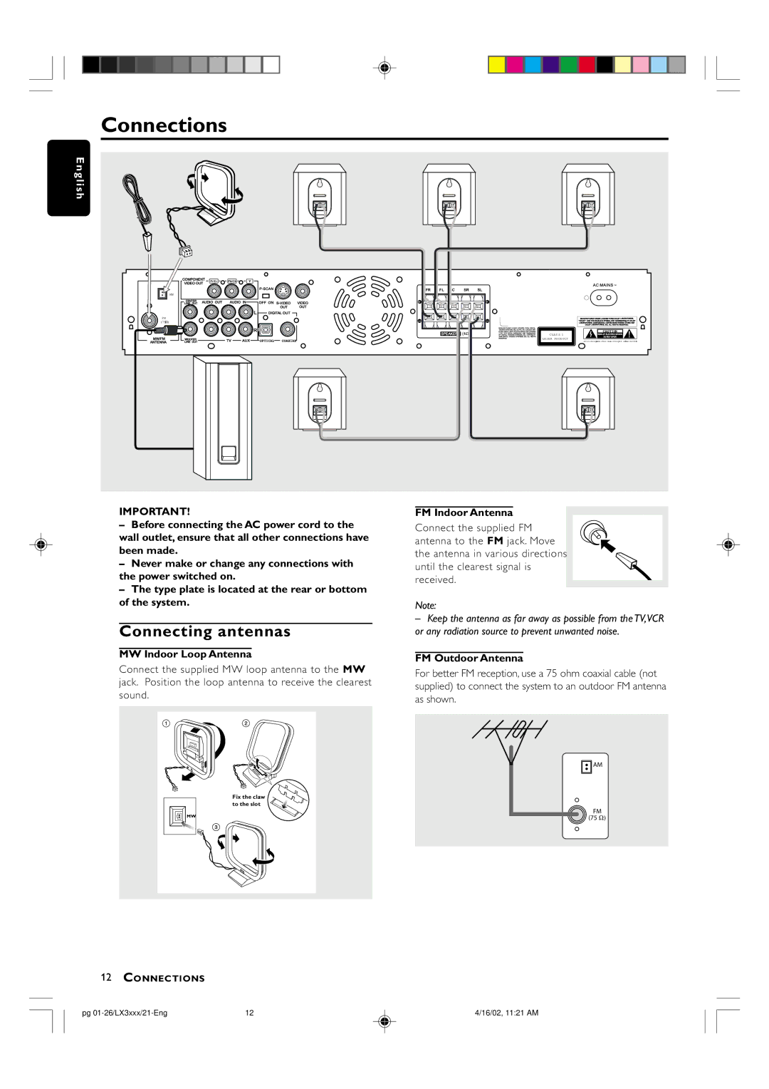 Philips LX3000D manual Connections, Connecting antennas, MW Indoor Loop Antenna, FM Indoor Antenna, FM Outdoor Antenna 