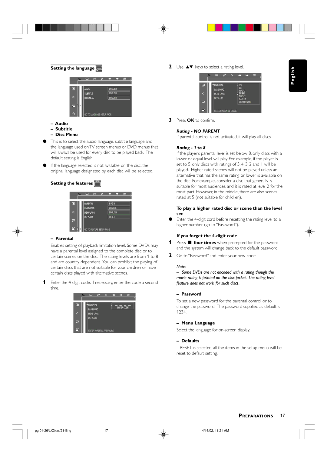 Philips LX3000D Setting the language Audio Subtitle Disc Menu, Setting the features Parental, Password, Menu Language 