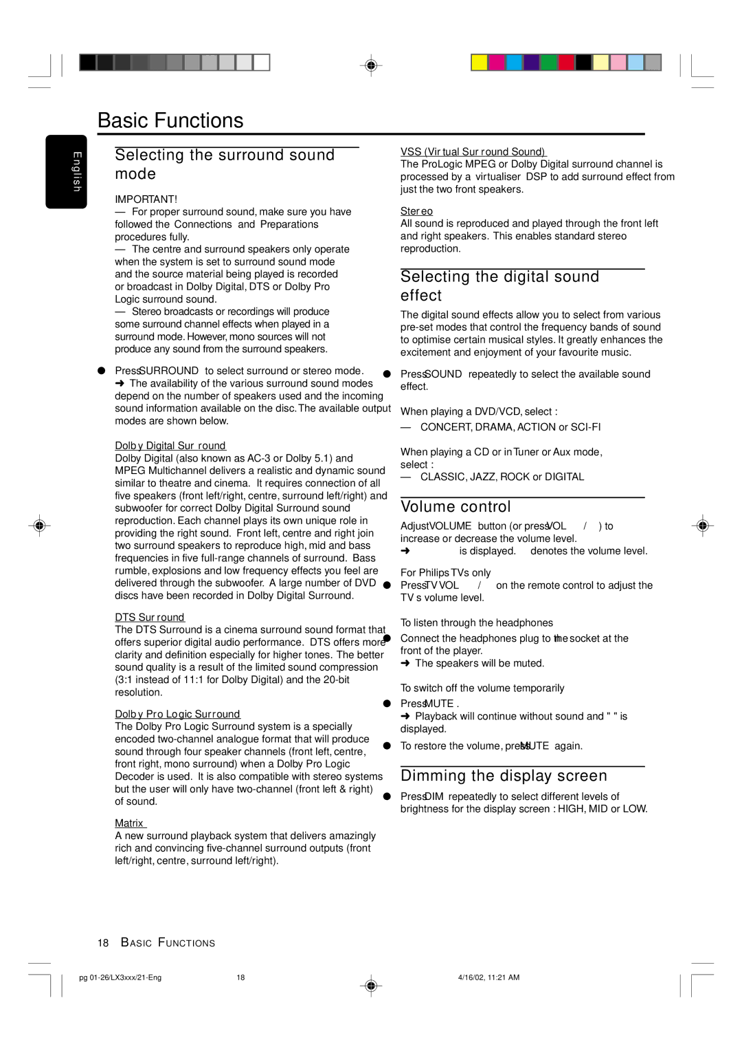 Philips LX3000D Basic Functions, Selecting the surround sound mode, Selecting the digital sound effect, Volume control 