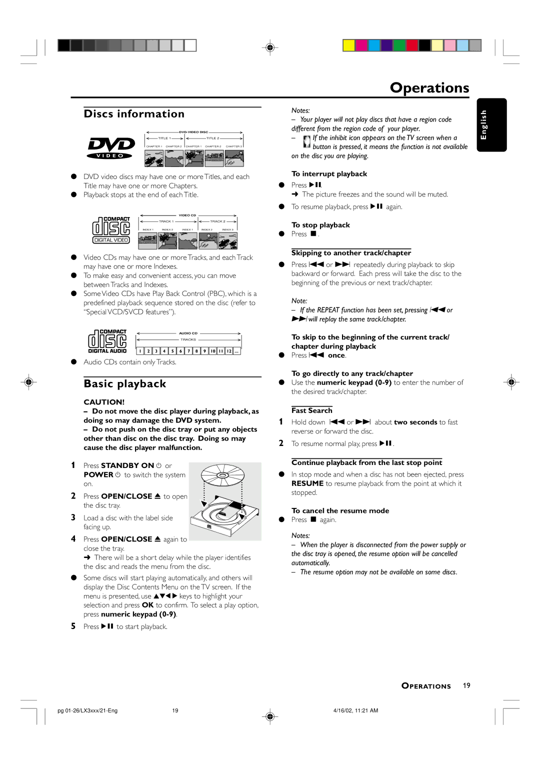 Philips LX3000D manual Operations, Discs information, Basic playback 