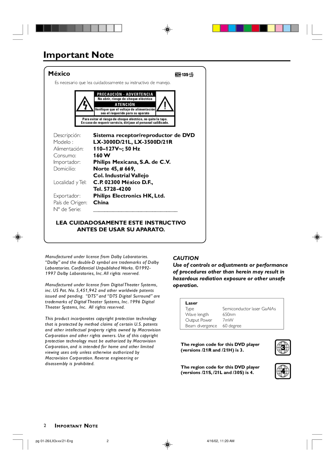 Philips LX3000D manual Important Note, Laser 