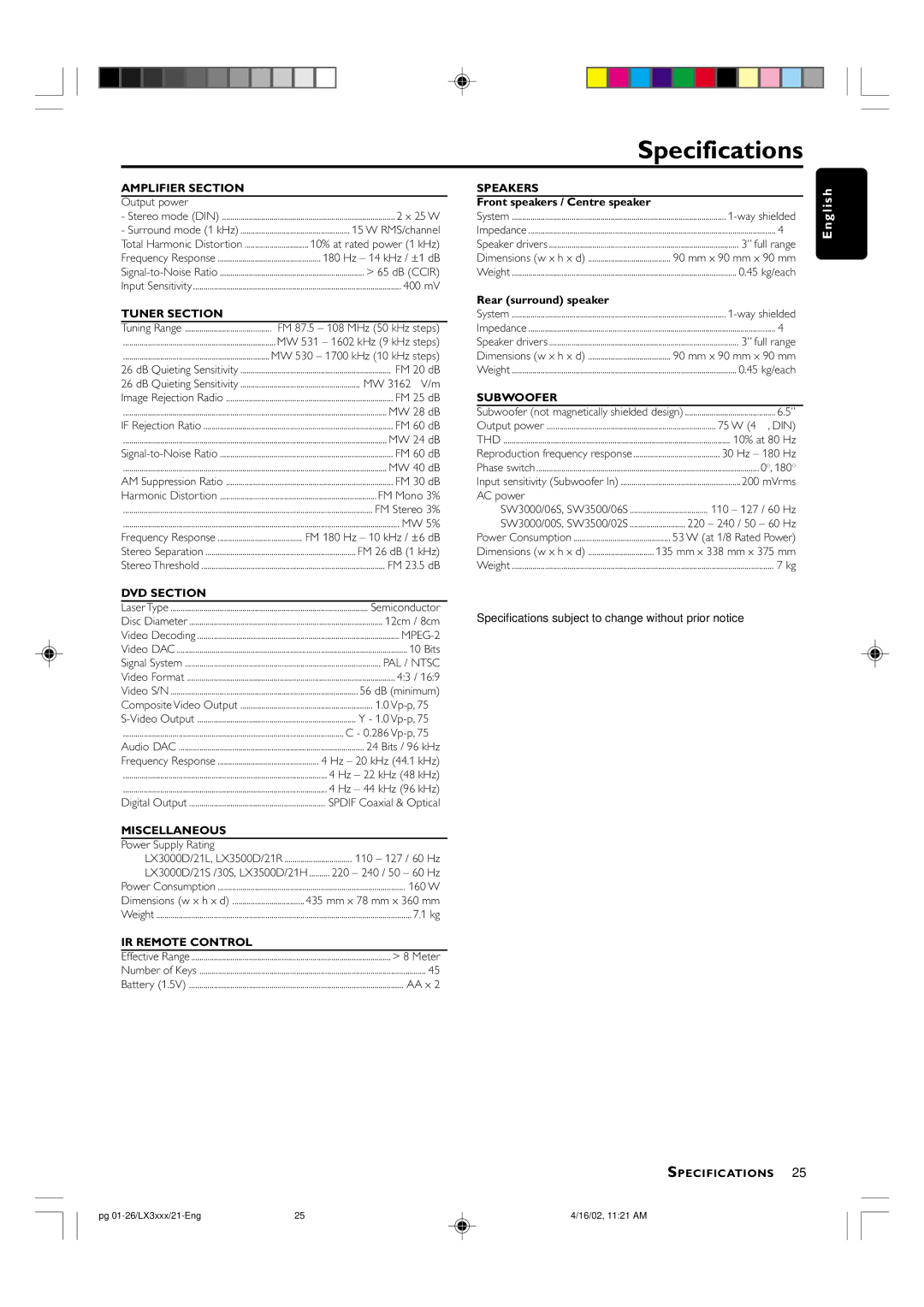 Philips LX3000D manual Specifications, Amplifier Section 