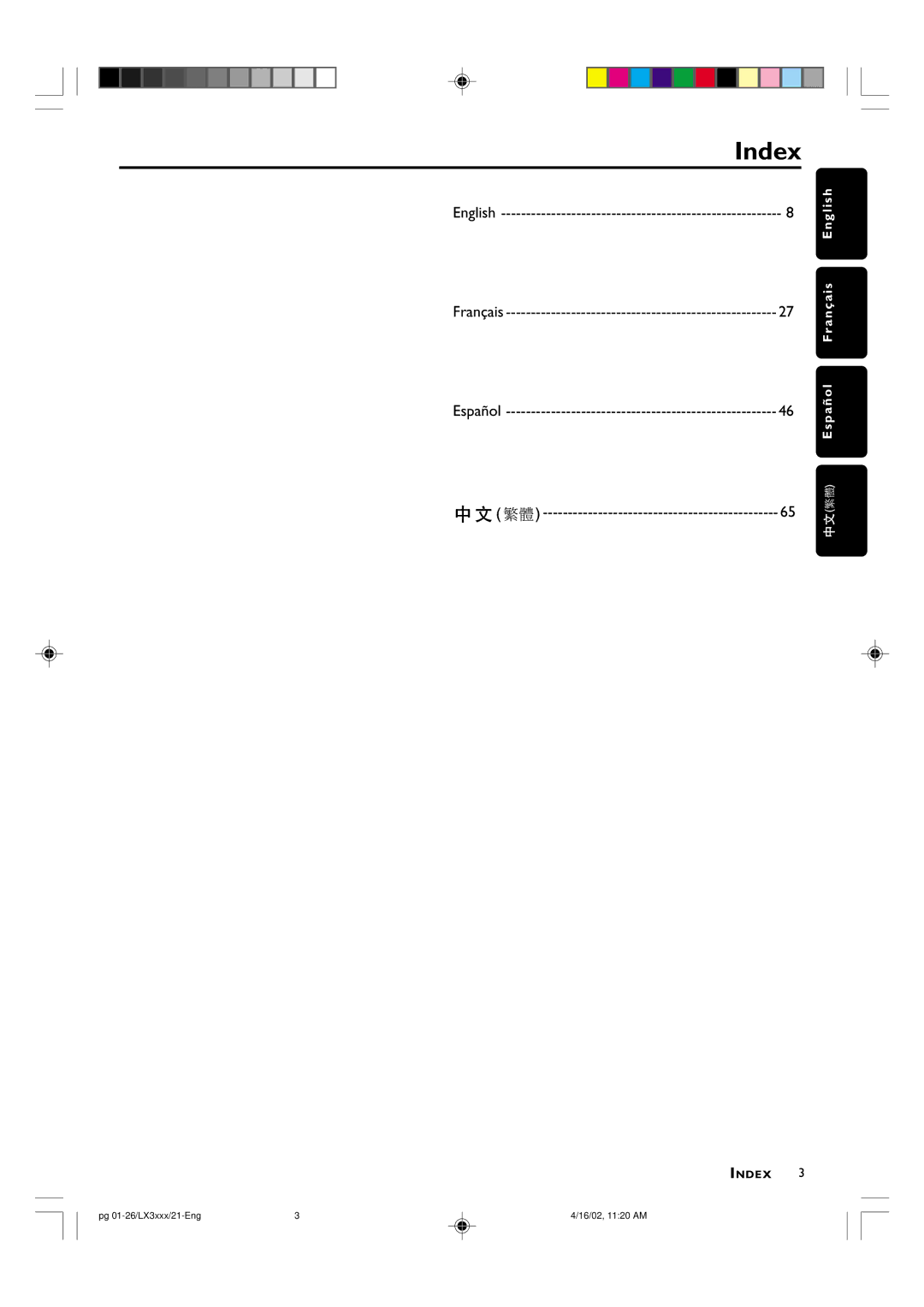 Philips LX3000D manual Index, English Français Español 